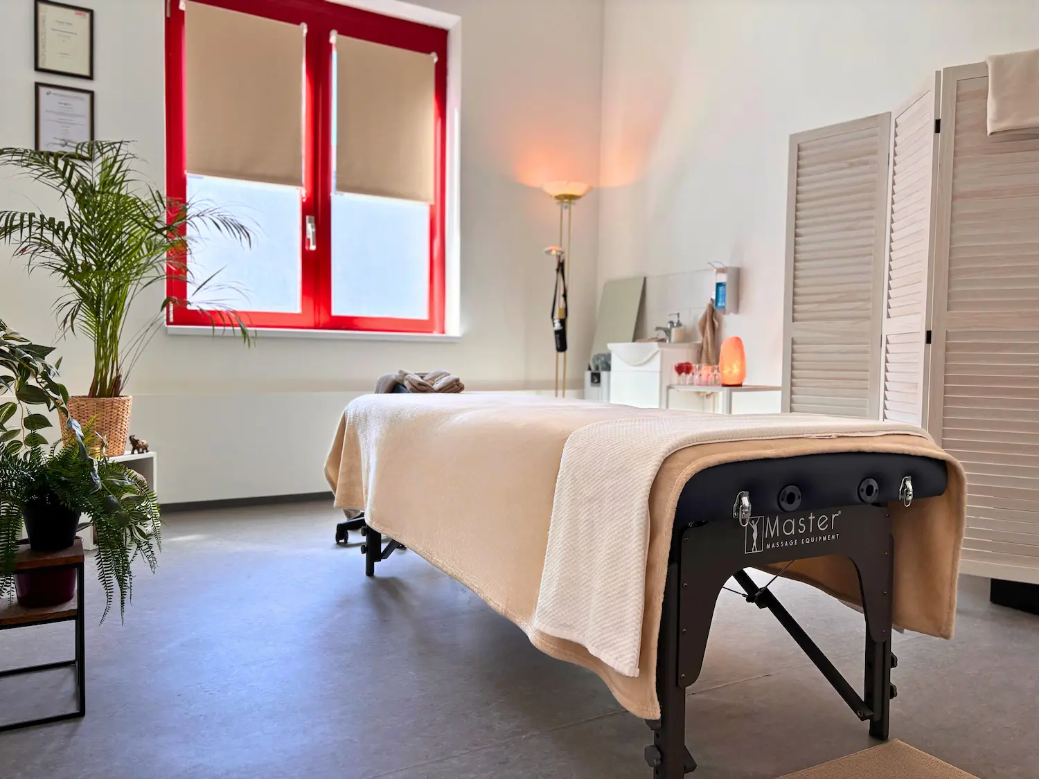 Behandlungsraum von Heilmasseur Domenic Hacker in Wien mit Liege, Pflanzen und Salzlampe